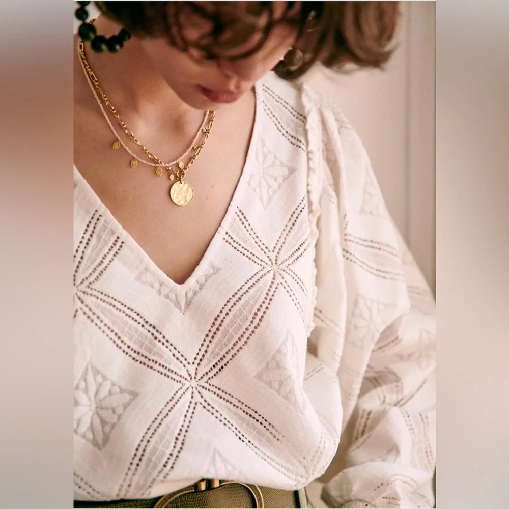 Sezane White Eyelet V-Neck Blouse - Picture 2 of 6